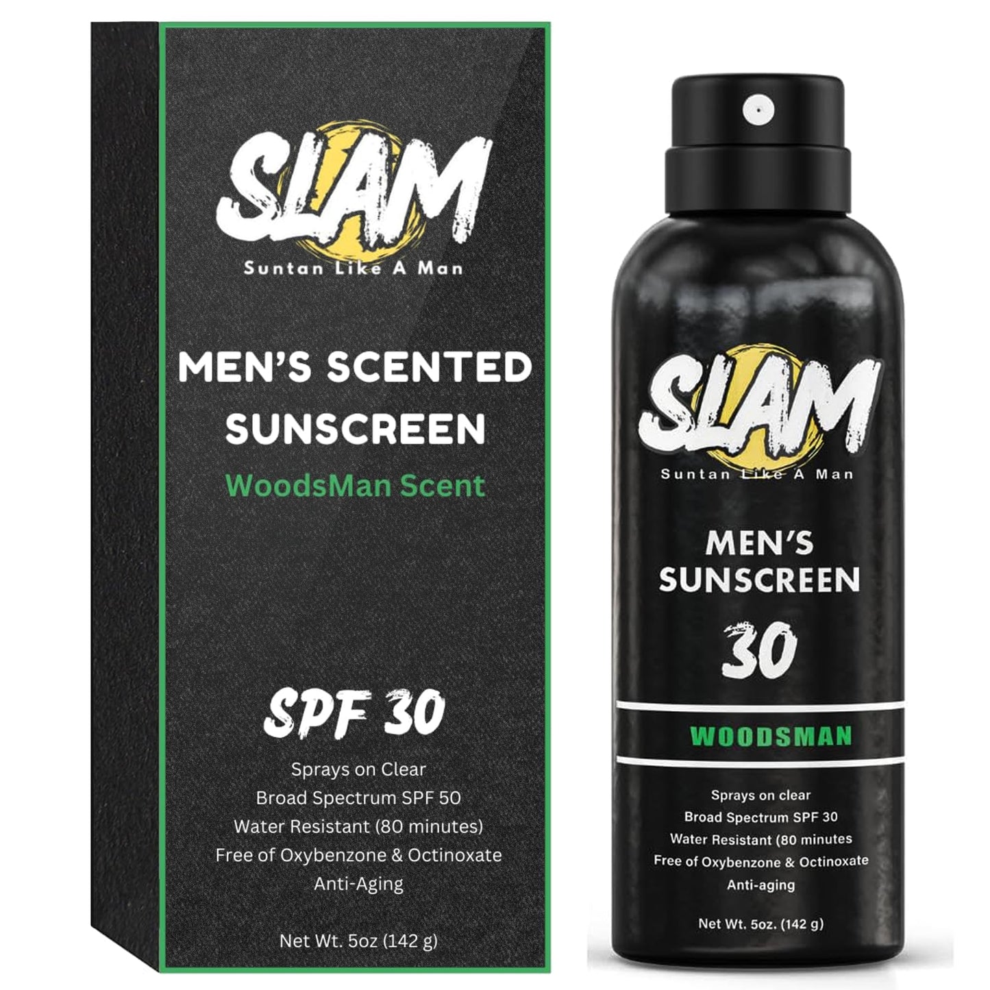 SLAM WoodsMan - Male Scented Sunscreen, SPF Sunscreen Spray, Water Resistant Sunscreen, Octinoxate & Oxybenzone Free, Broad Spectrum UVA/UVB Sunscreen, 5 Fl Oz (Pack of 1)