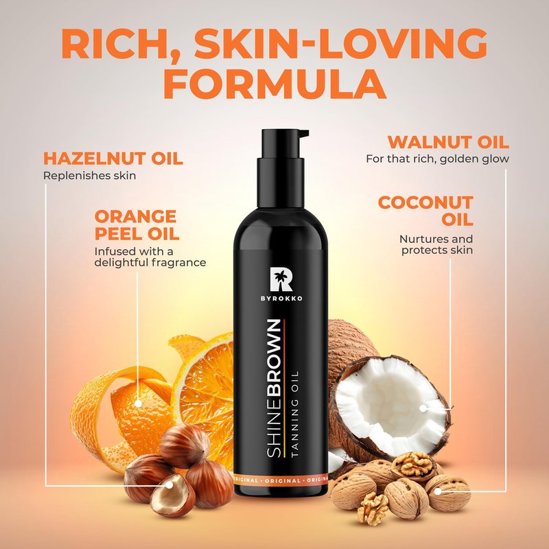 BYROKKO Shine Brown Tanning Oil – Dark Tan Accelerator with Coconut, Walnut & Hazelnut Oil for Outdoor Sun & Sunbed – Cruelty-Free, Water-Resistant - 5.07 Fl Oz