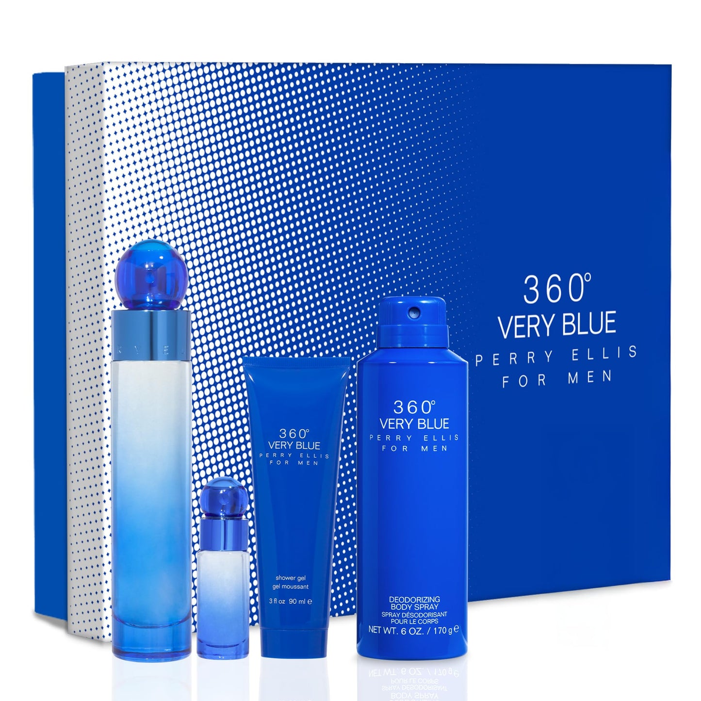 Perry Ellis 360° Very Blue Gift Set - 3.4 fl oz Eau de Toilette, 3 oz Shower Gel, 6 oz Body Spray, .25 fl oz EDT Mini Travel Spray - fresh, aquatic, citrus, clean