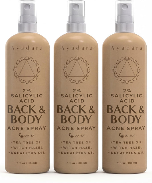 Acne Body Spray with 2% Salicylic Acid, Back & Body Acne, Cystic Back Acne Spray Chest, Butt and Body Acne for Hormonal, Bacne for Teens Adults, 3-Pack