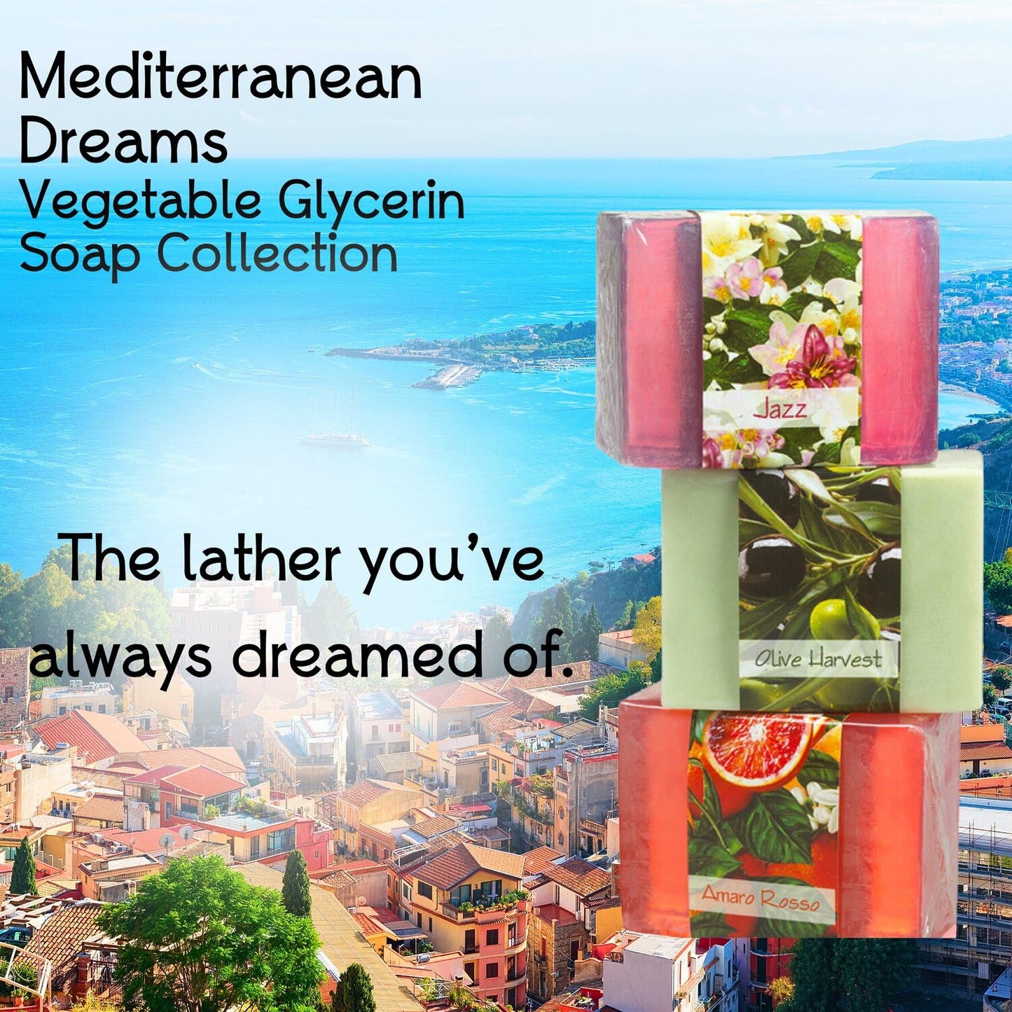 Nabila K Mediterranean Dreams Glycerin Bar Soap Set of 3 | Jazz, Olive Harvest & Amaro Rosso | Natural, Vegan, Hypoallergenic | 100% Vegetable Glycerin, Sulfate-Free | 4.5 oz Each