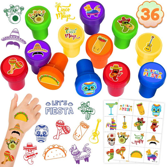 36PCS Fiesta Party Favors - 24PCS Temporary Tattoos & 12PCS Stamps - Ideal Mexican Cinco de Mayo Taco Themed Birthday Card Decorations Supplies Goodie Bag Cute Rewards for Boys Girls Kids Gifts Prizes