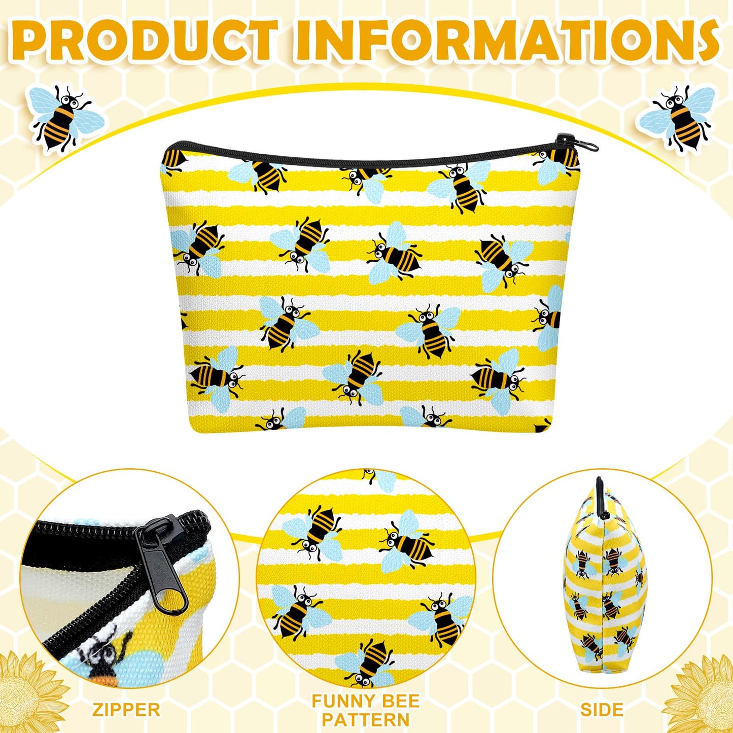 Bulyoou 16 Pcs Funny Bee Makeup Bags Travel Pouch Honey Inspirational Cosmetic Bags with Zipper Toiletry Bag Purse Bulk Bee Gifts for Women Birthday Gifts