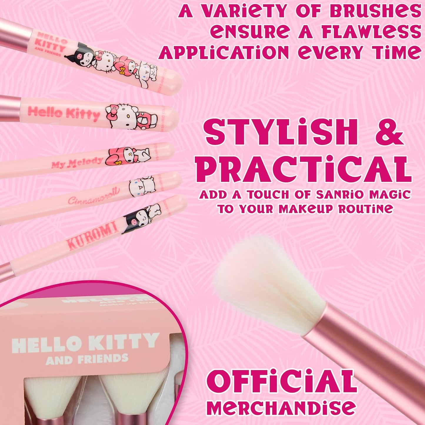 Hello Kitty Makeup Brush Set - 5 Kawaii Fluffy Brushes for Teens & Women | Cute Anime Gift Set