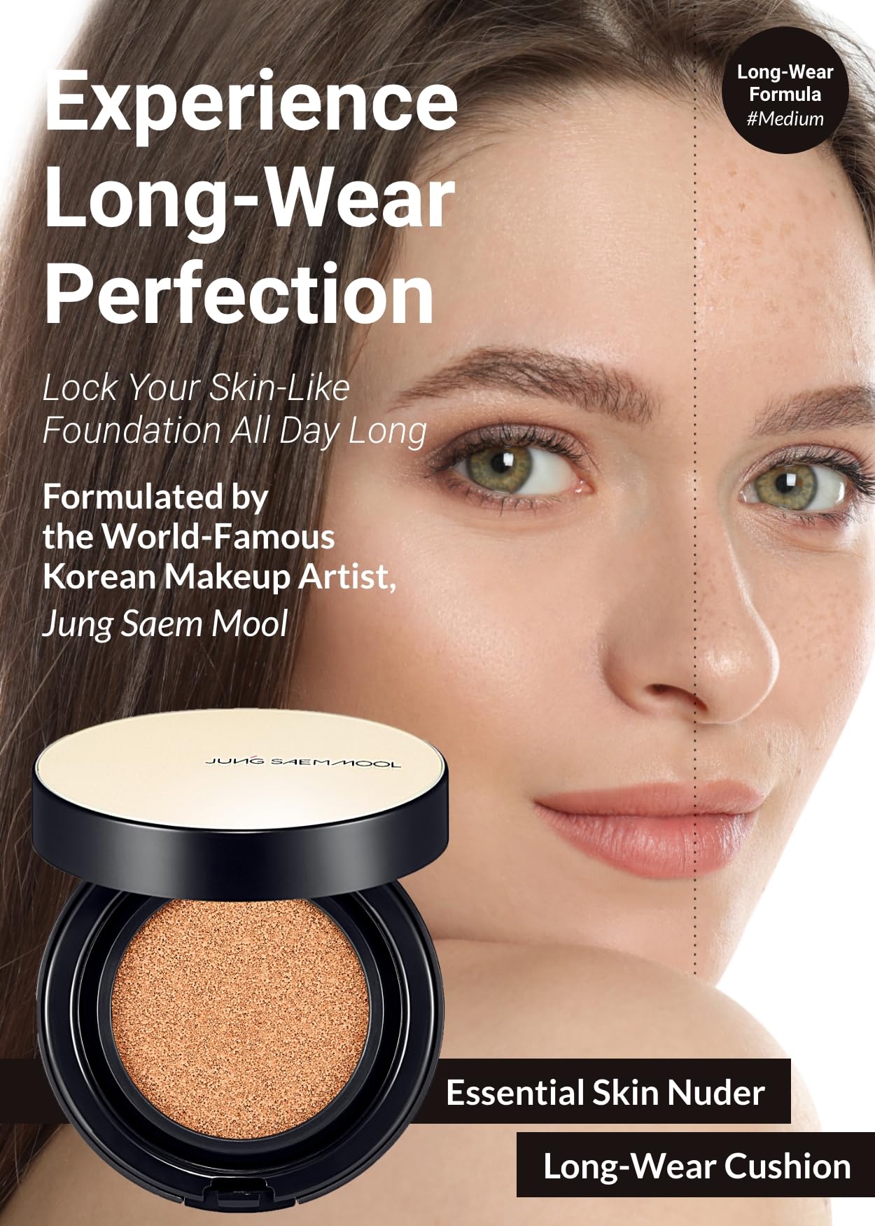 JUNG SAEM MOOL Essential Skin Nuder Longwear Cushion 0.98 Fl Oz, Refill Included, 24H Lasting Cushion Foundation with High Coverage, Semi-Matte Natural Finish, Korean Foundation Makeup (Medium)
