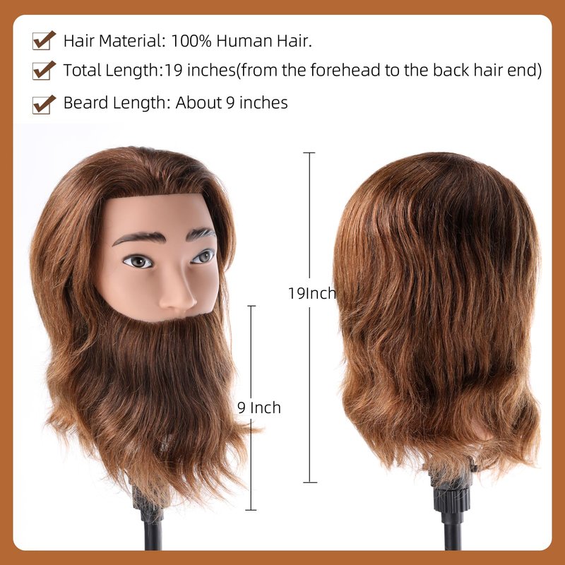 Male Mannequin Head with 100% Human Hair Barber Mannequin Head Hairdresser Training Doll Manikin Head for Men Hair Styling and Practice