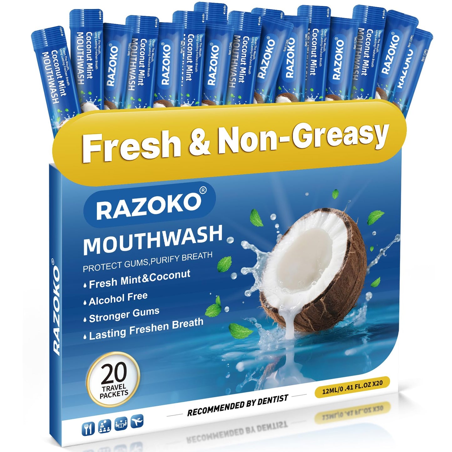RAZOKO Disposable Mouthwash Travel Size-Fresh & Non-Greasy/Fresh Mint +Coconut Portable Packets,Alcohol & Fluoride Free,Gentle for Oral Care (0.41 Fl Oz (Pack of 20)