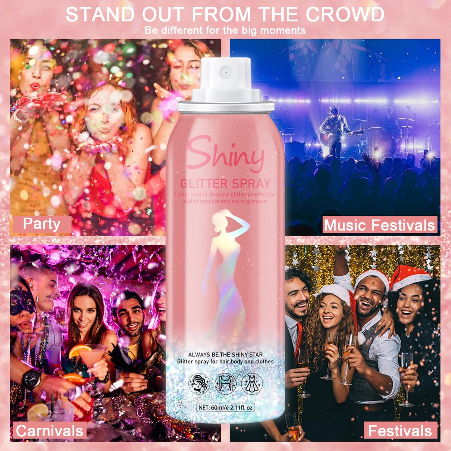 Hair and Body Glitter Spray, Holographic Glitter Highlighter Powder, Hairspray for Clothes, Face Body Shiny Glitter, Loose Shimmer Hairspray Festival Rave Prom Accessories, 2.11 Fl Oz (Rainy-Rainbow)