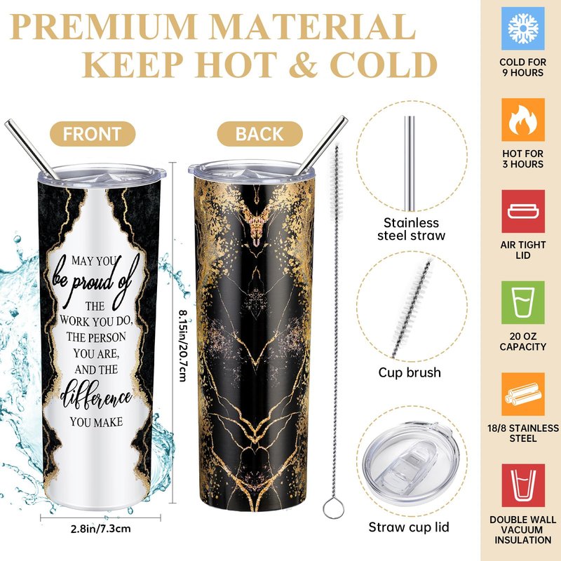Domensi 6 Pcs Employee Appreciation Gift for Women Teacher Cna Week Thank You Gift May You Be Proud 20 oz Rustic Marble Sign Tumbler Makeup Bag Journal for Graduation Work Business(Black)