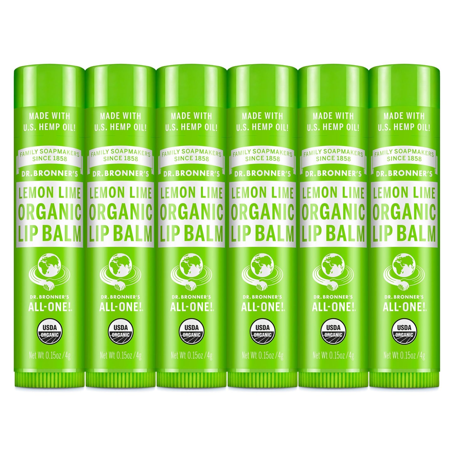 Dr. Bronner’s Organic Lip Balm 6-Pack (.15oz) Natural, Moisturizinging, Petroleum-Free Lip Balm with Beeswax & Avocado Oil for Dry Lips, Men & Women - Lemon Lime