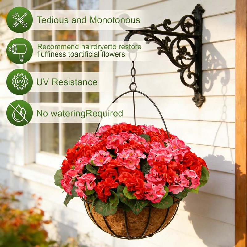 Artificial Geranium Flowers - 8 Bundles UV Resistant Fake Plants | Red & Pink for Outdoor Decor, Home & Garden