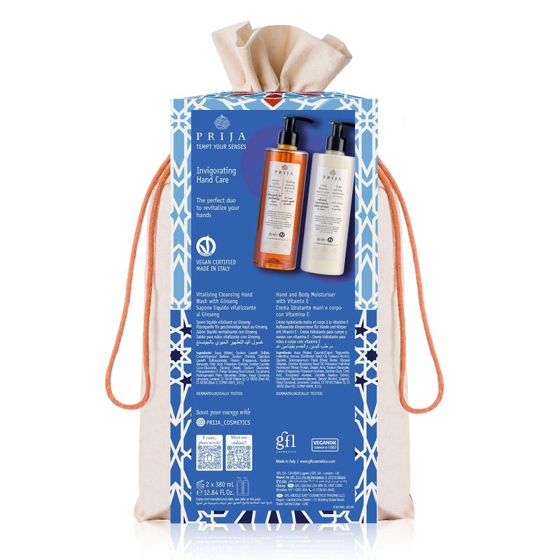 Prija Everyday Treatment Gift Pack (Contains Vitalizing Cleansing Hand Wash with Ginseng and Hands and Body Moisturizer with Vitamin E) - Vegan Friendly - Dermatologically Tested