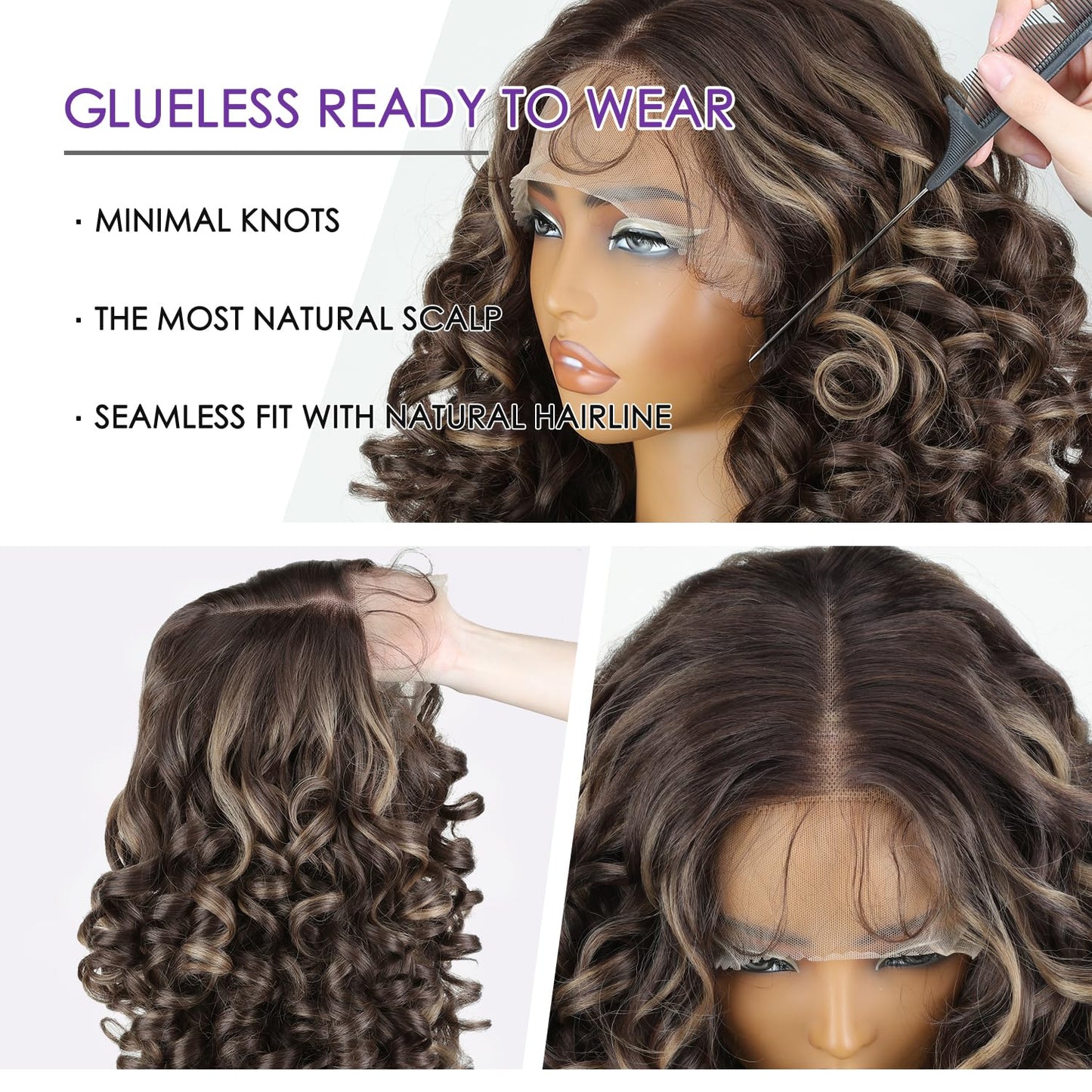 SOKU Long Curly Lace Front Wig for Black Women Highlight 13x4x1 Synthetic Lace Front Wigs Glueless Pre-Plucked Hairline with Baby Hair 22 Inch Heat Resistant (Highlight Brown)