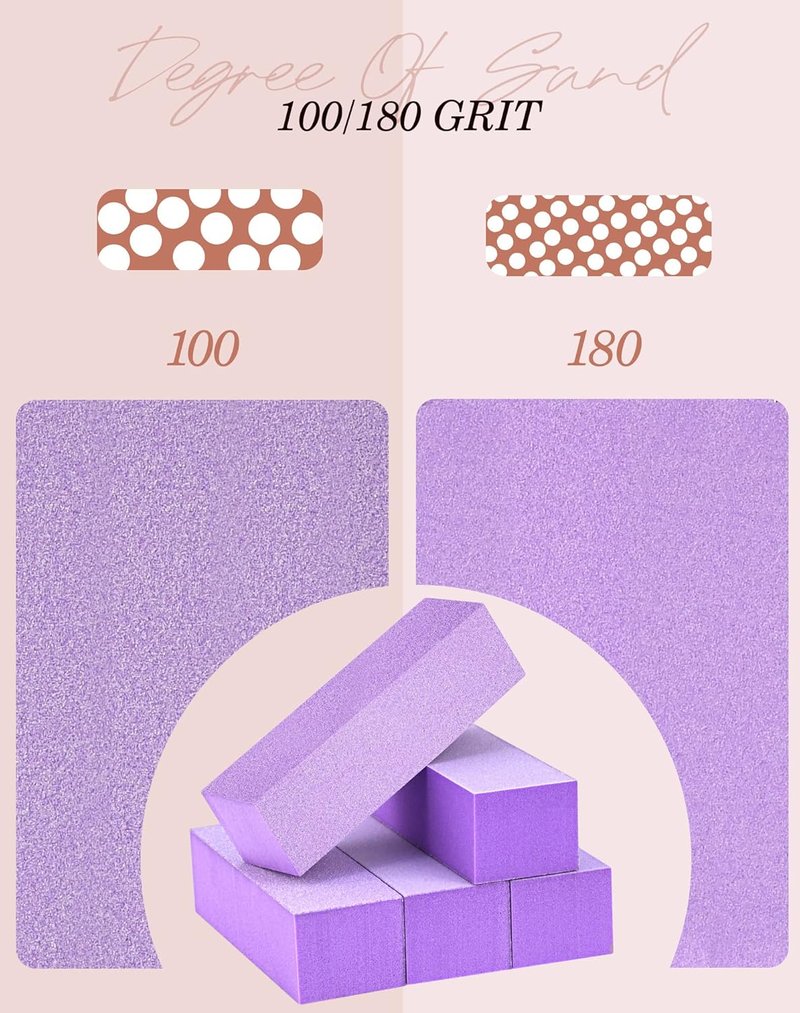 Maryton Nail Buffer Block - Medium/Fine Grit 100/180 Finishing Buffers for Acrylic & Gel Nails | 5 Count (Purple)