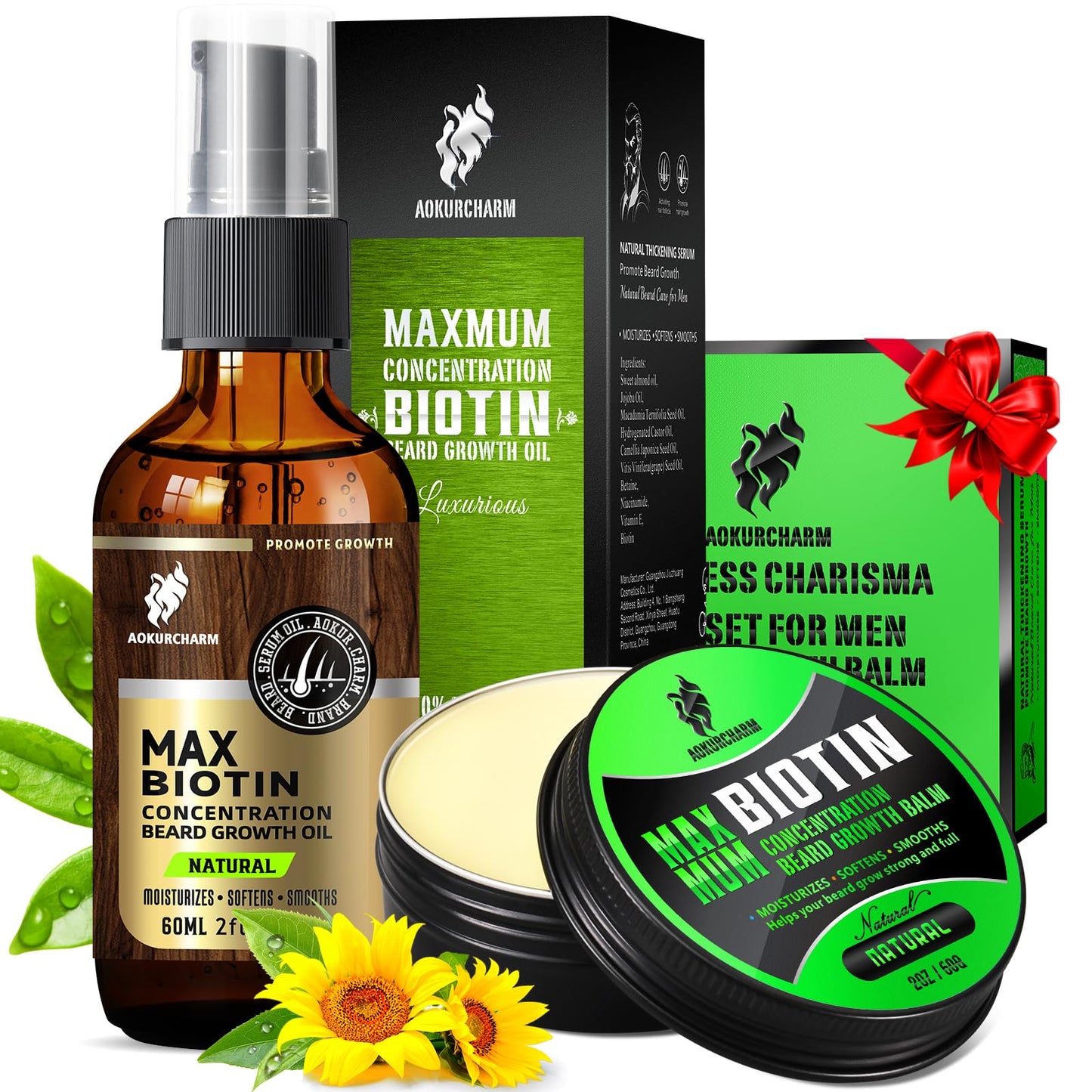 aokur 2 Pack Biotin Beard Growth Kit for Men – Unscented Beard Oil & Balm – Beard Care Set for Growth, Softening & Styling – Gift for Father’s Day & Christmas