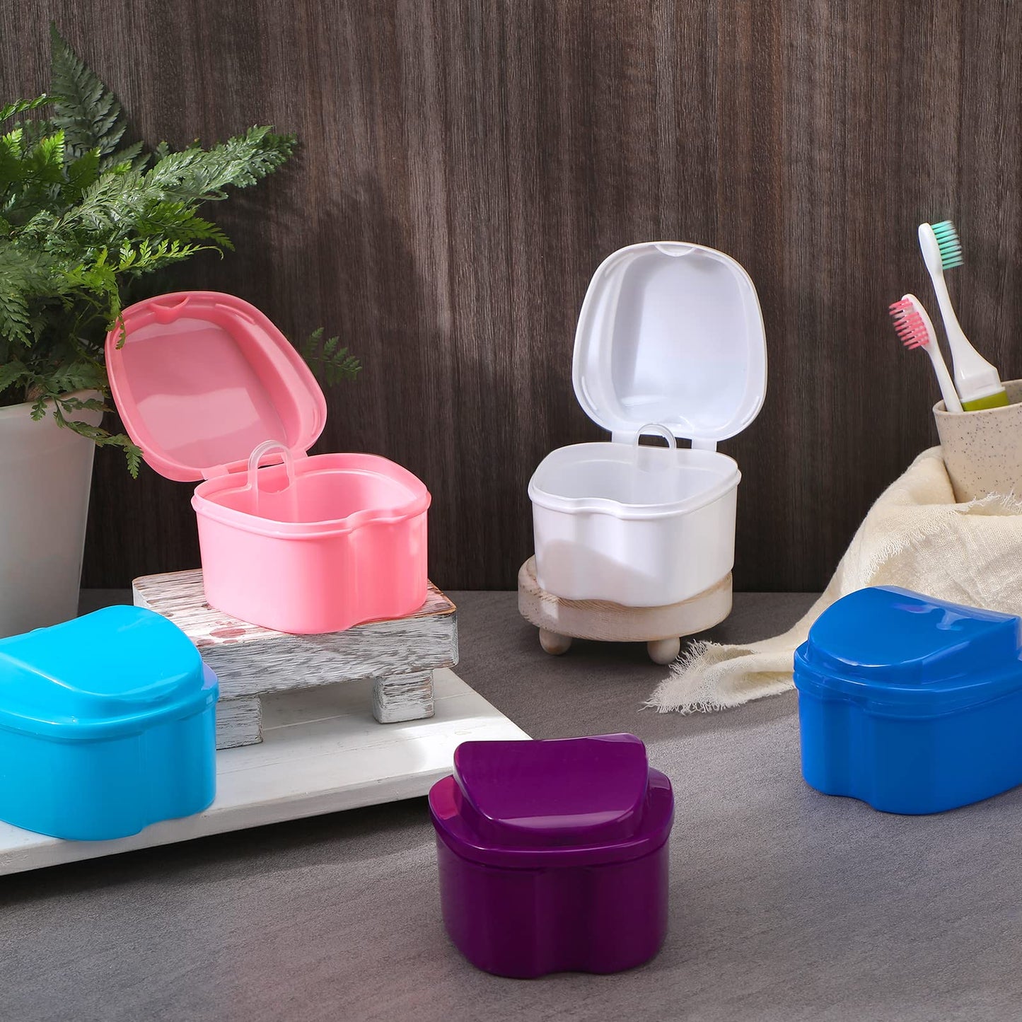 Zubebe 20 Pcs Denture Bath Retainer Case Holder Bulk with Strainer Basket Dental Cup Denture Soaking Container False Teeth Storage Box for Travel Cleaning Mouth Guard, 5 Colors