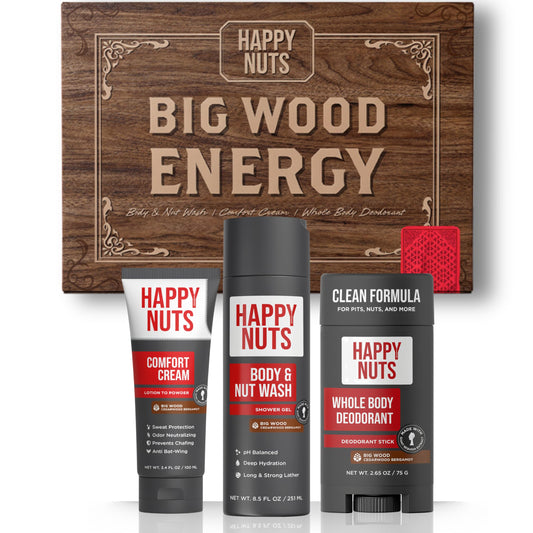 HAPPY NUTS Holiday Essentials Bundle Kit - Gift Box for Men with Comfort Cream, Hydrating Body Wash & Whole Body Deodorant - Mens White Elephant Gift Basket Idea for Him and Stocking Stuffer