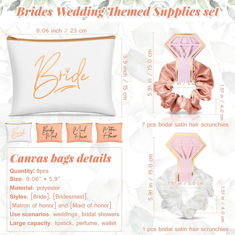 24 Pieces Bridesmaid Proposal Gifts Wedding Makeup Bag Gift Set Includes 8 Bridesmaid Makeup Bags 8 Satin Hair Scrunchies 8 Bridesmaid Compact Mirrors(Green Leaves)