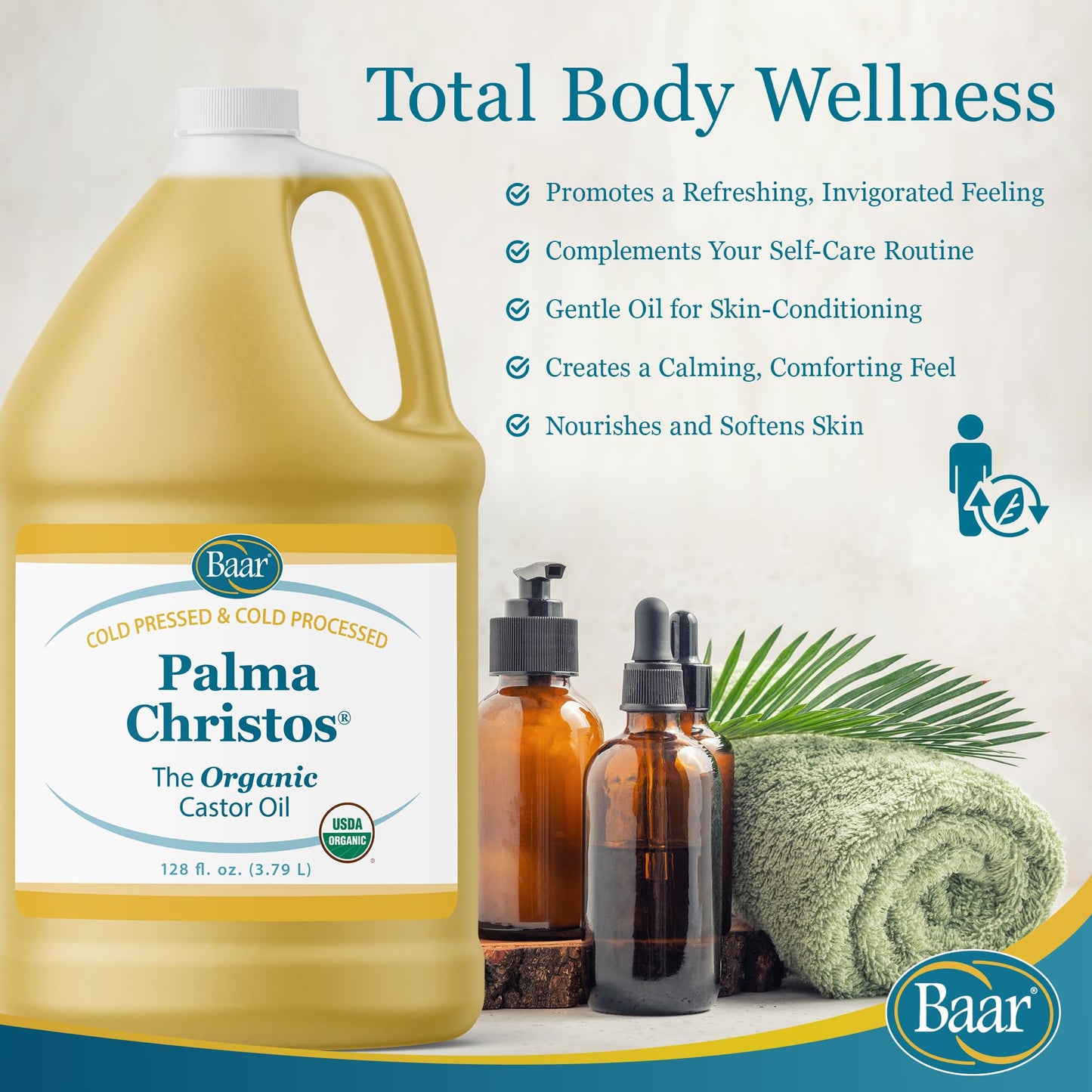 Baar Organic Castor Oil for Eyelash, Eyebrow and Hair Renewal, Skin Repair and Protection, Detox & Cleansing and Relief for Sore Muscles and Stiff Joints, Cold Pressed, Hexane Free, 128 fl oz / 1 gal