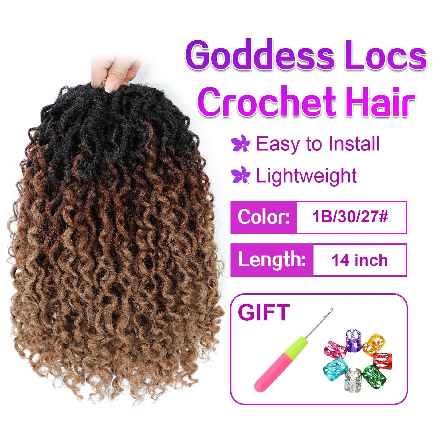 Goddess Locs Crochet Hair 14Inch Pre Looped Faux Locs Crochet Hair with Curly Ends 8Packs Bohemian Crochet Braids Hair for Black Women1B/30/27
