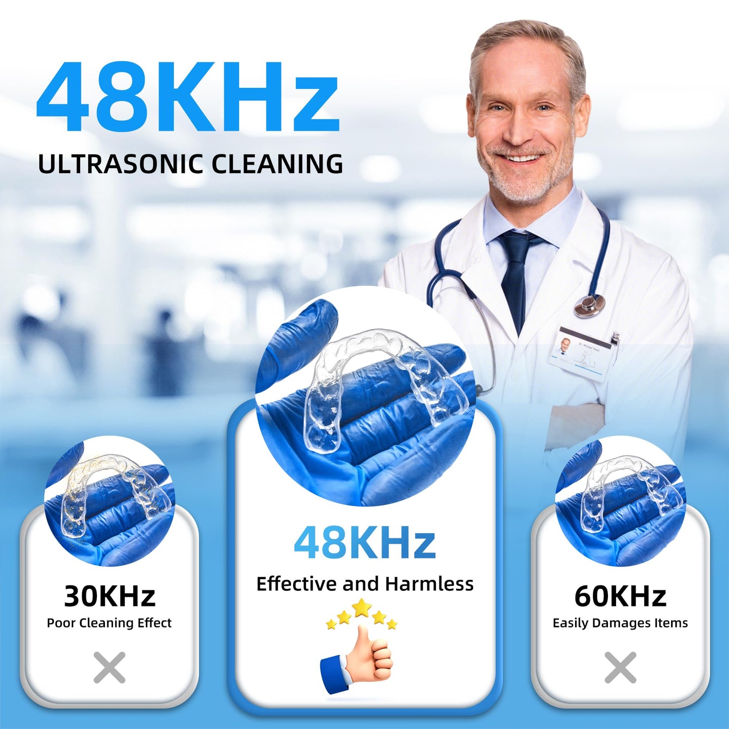 Ultrasonic Retainer Cleaner Machine, 48KHz Dental Cleaning Pod for Denture, Mouth Guard, Aligner, Night Guard, Braces, Toothbrush Heads, Jewelry with Digital Timer & 6 Modes, 13oz Capacity, White