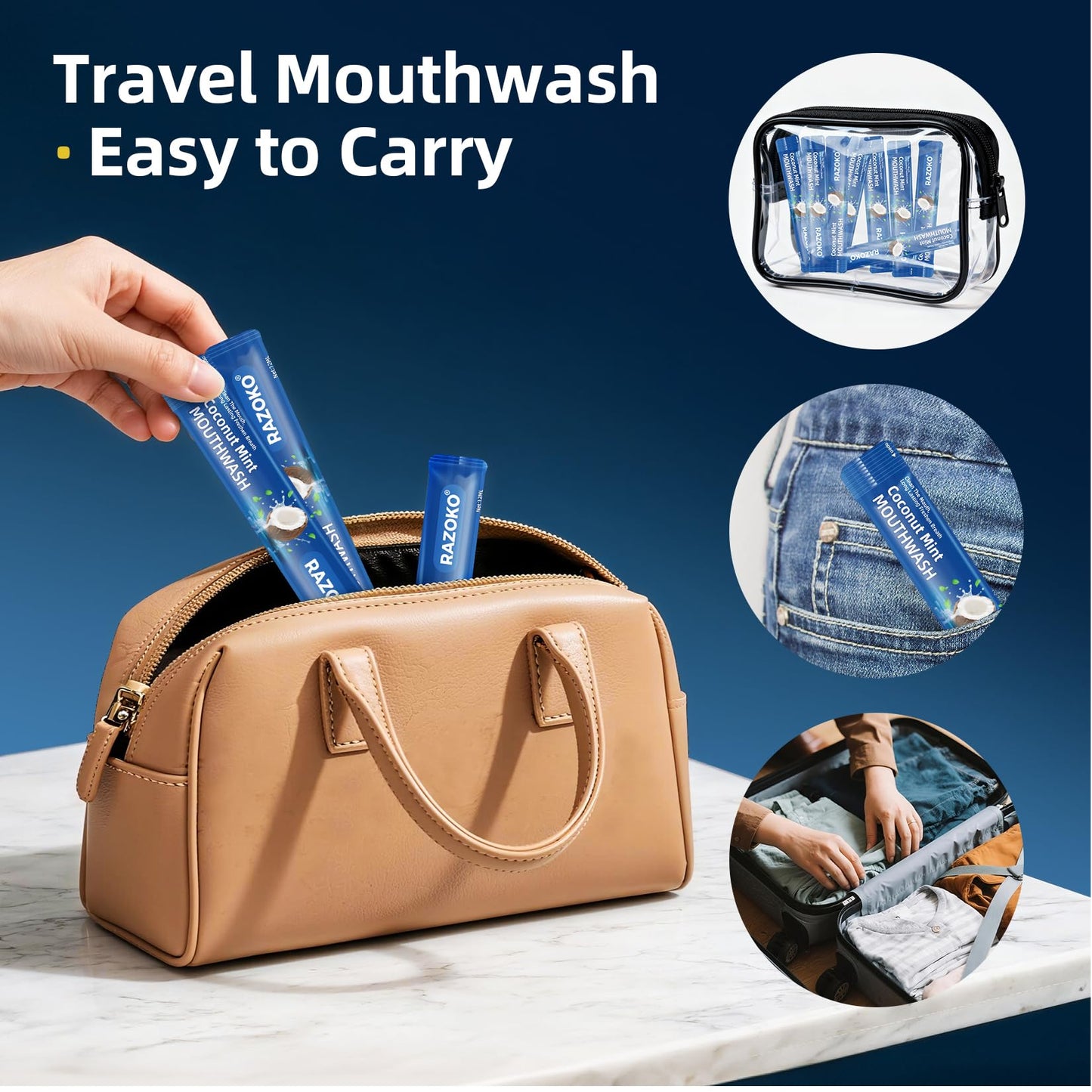 RAZOKO Disposable Mouthwash Travel Size-Fresh & Non-Greasy/Fresh Mint +Coconut Portable Packets,Alcohol & Fluoride Free,Gentle for Oral Care (0.41 Fl Oz (Pack of 20)