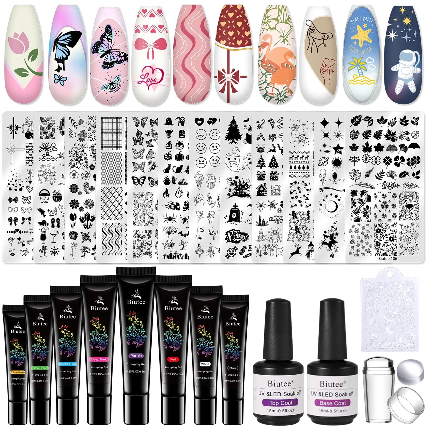 Biutee Nail Stamper Kit 12Pcs Nail Art Stamping Plate 8 Colors Stamp Polish Gel with Top Coat and Base Coat Set Silicone Stamper Scraper, Nail Stamp Plates Love Flower Butterfly Leaf Holiday Design