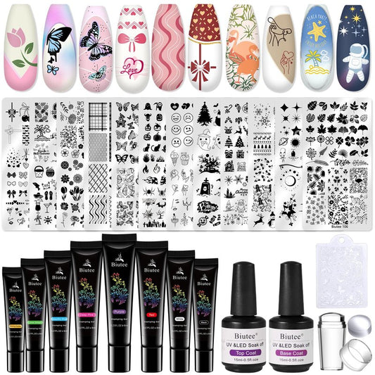 Biutee Nail Stamper Kit 12Pcs Nail Art Stamping Plate 8 Colors Stamp Polish Gel with Top Coat and Base Coat Set Silicone Stamper Scraper, Nail Stamp Plates Love Flower Butterfly Leaf Holiday Design