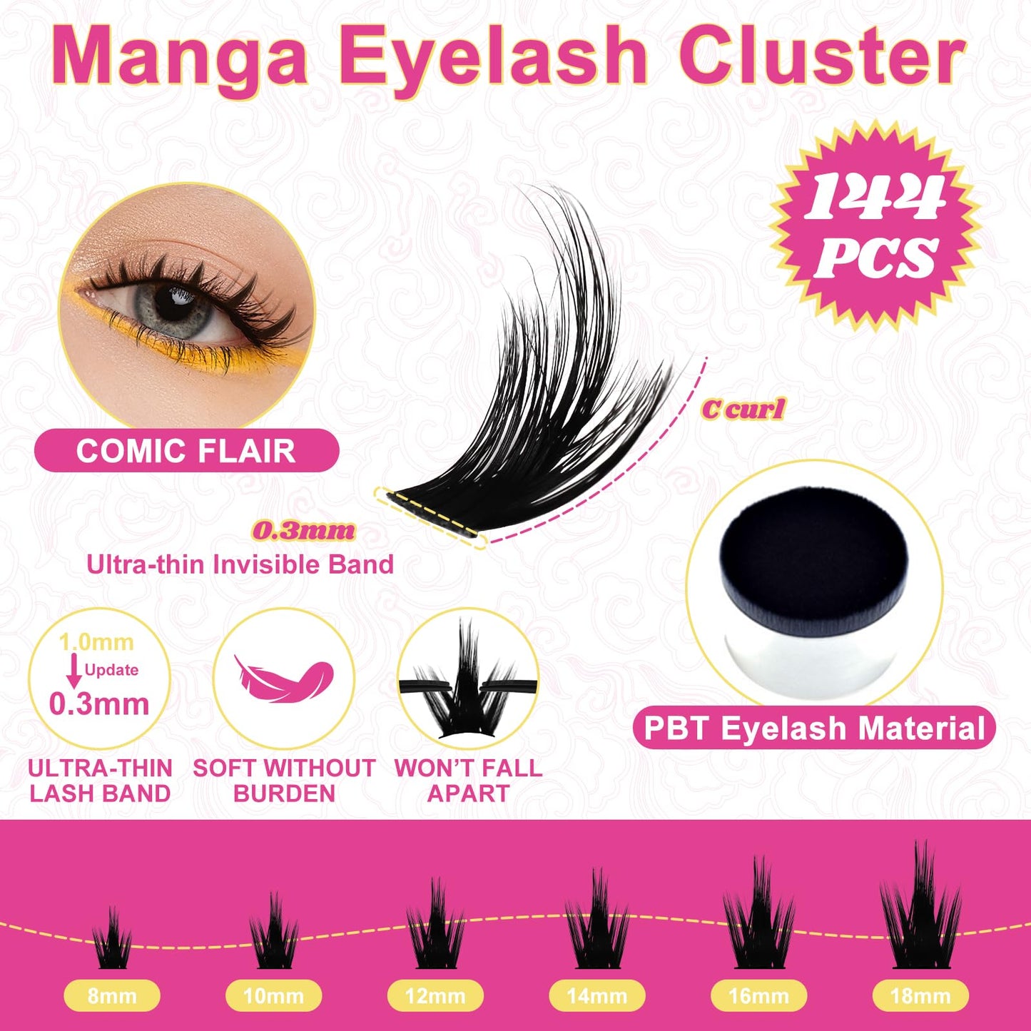 Fowendia Manga Lash Clusters California Sunset Lashes Clusters 8-18mm Fairy Eyelash Clusters DIY Lash Spikes Extension 0.3mm Wispy Individual Cluster Eyelash Extensions