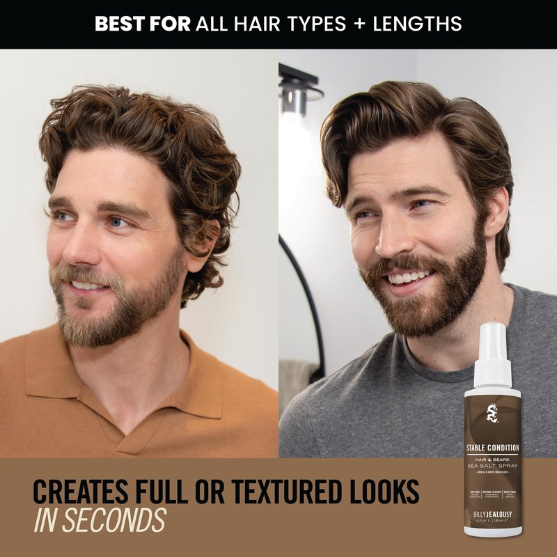 Billy Jealousy Sea Salt Spray for Hair and Beard, Texturizing & Volumizing Mist with Light Hold, Matte Finish, Beachy Waves & Natural Look, Safe for Color Treated Hair, Stable Condition, 4 Fl Oz