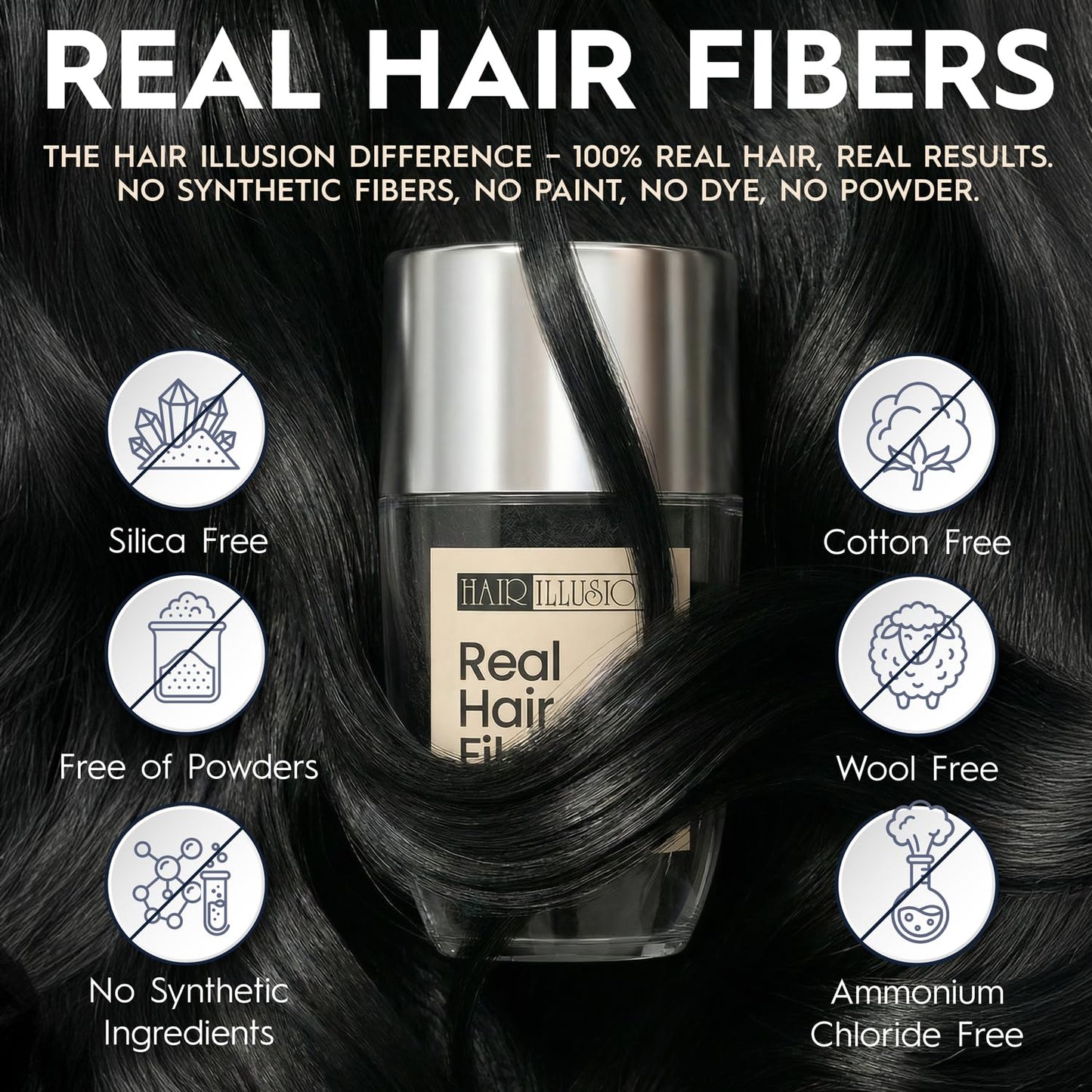 Hair Illusion Black Real Hair Fibers for Thinning Hair - 100% Natural Texture, Non Synthetic Hair Fibers - Bald Spot Cover Up for Women & Men - 18 Gram