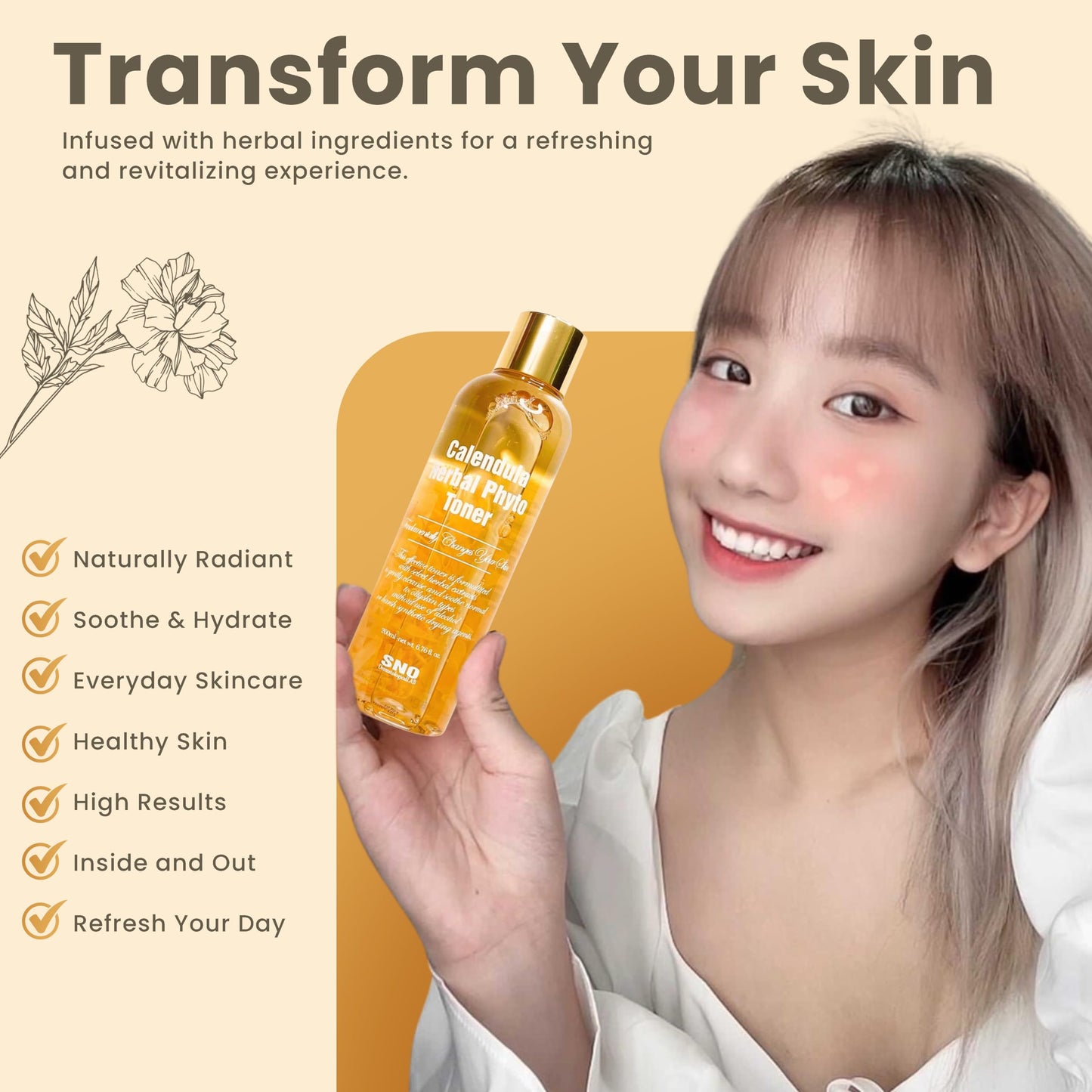 SNO Calendula Herbal Phyto Toner, 6.76 fl oz, Calendula Officinalis Flower Extract Korean Skin Care