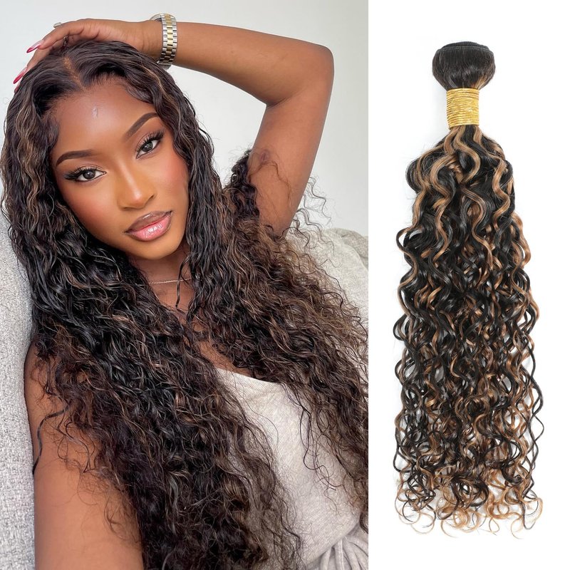 Anmetan Honey Blonde Highlight Black and Brown 4x4 Closure Water Wave Human Hair, 12A Wet and Wavy Color F1B30 Ombre 100% Remy Hair Pre Plucked with Baby Hair Free Part Hairline 4x4 Lace Closure 14 In