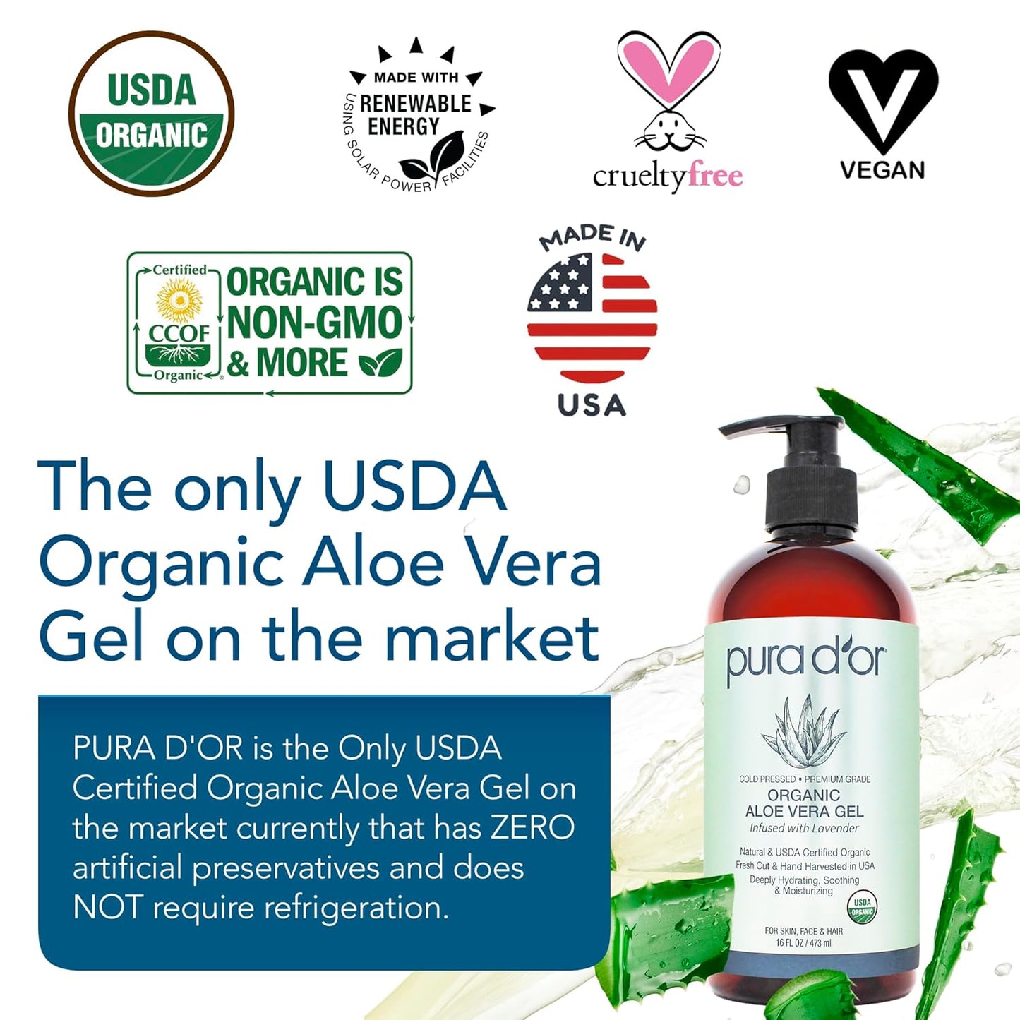 PURA D'OR Organic Aloe Vera Gel - Lavender Hydration for Skin & Hair | 16 Oz - All Natural, No Preservatives
