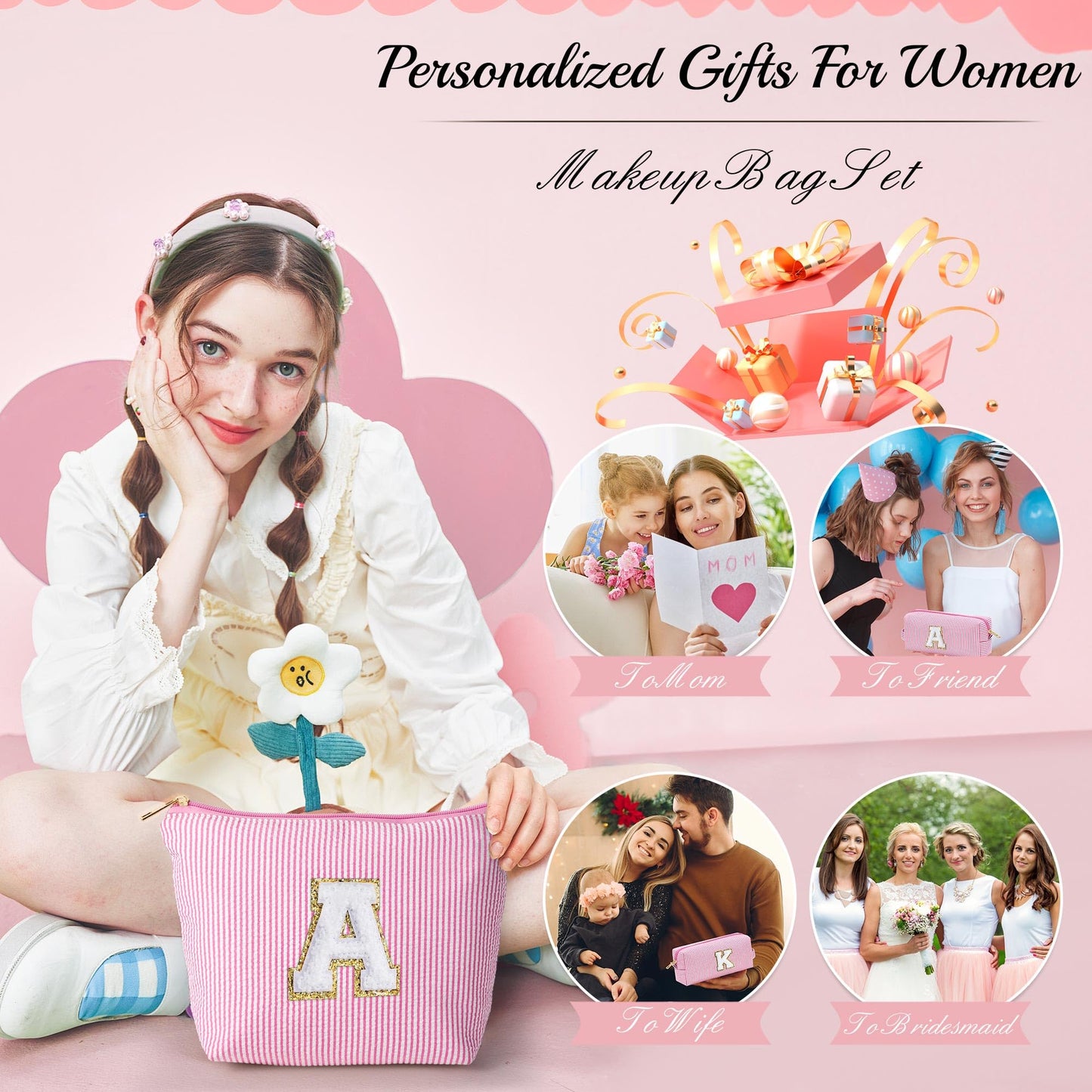 YOOLIFE Personalized Teen Girl Gifts Initial Cute Cosmetic Makeup Bag