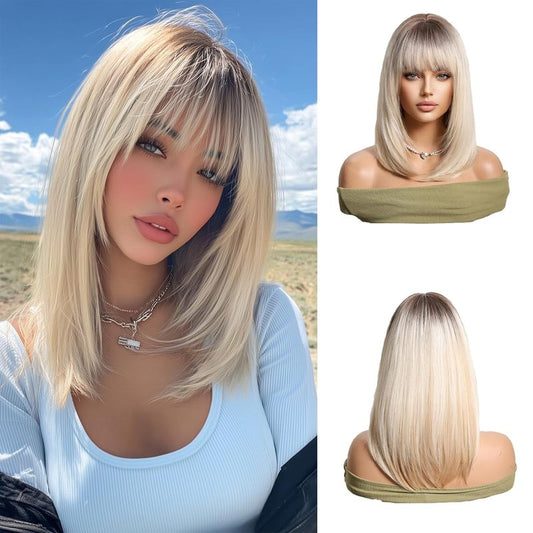 Blonde Bob Wig with Bangs - Ombre Synthetic Hair | 14-Inch Layered Short Straight Wig for Cosplay & Daily Wear
