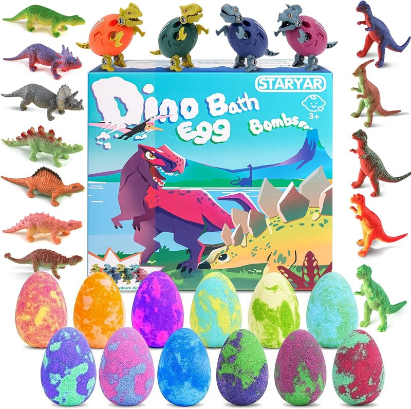 Dinosaur Bath Bombs for Kids - 16 Pack Organic Surprise Toys Gift Set | Fun Bubble Bath for Ages 3-9