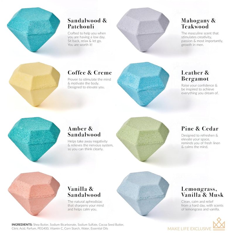 Bath Bombs for Men - 8 Large Diamond-Shaped Natural Bath Bombs | Relaxing Bubble Bath Set with Masculine Scents