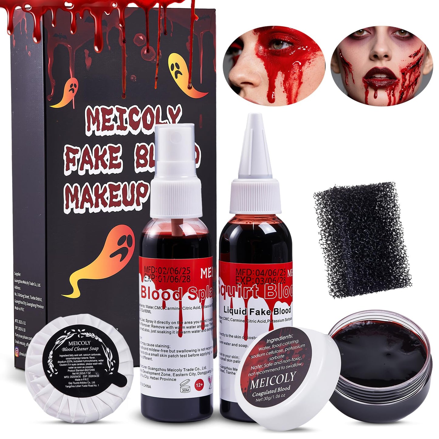 MEICOLY 5PCS Halloween Fake Blood Makeup Kit,Special Effects SFX Makeup for Zombie Vampire Monster Cosplay,2.1oz Fake Blood Spray+2.1oz Dripping Blood+Coagulated Blood+Cleansing Soap+Stipple Sponge