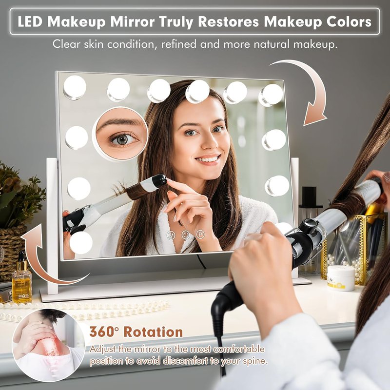 Vanity Mirror with Lights - 15.7"x11.8" LED Makeup Mirror | 10X Spot Mirror, Dimmable Touch Control, 360° Rotation, White