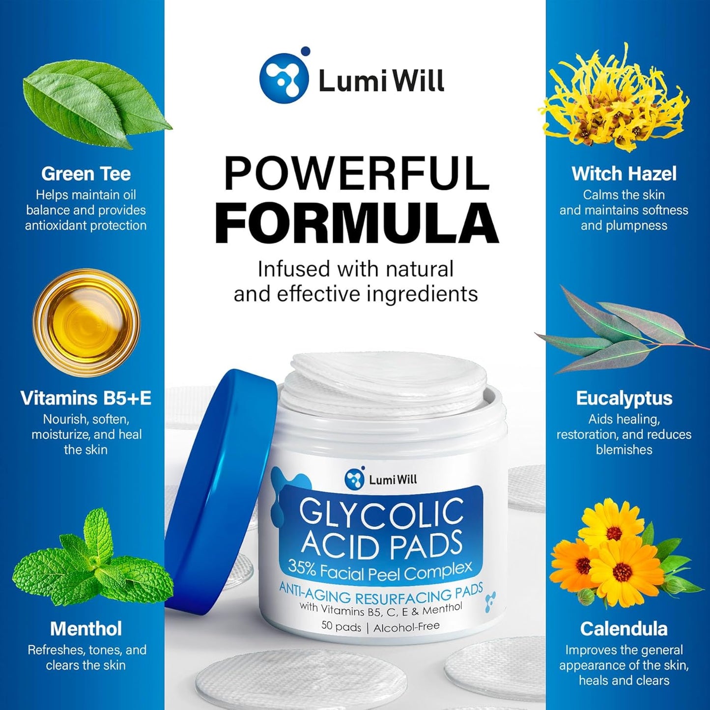 Glycolic Acid Pads 35% - Exfoliating Face Pads with Vitamins B5, C, E & Green Tea | 50 Pre-Soaked Pads for Even Skin Tone & Texture