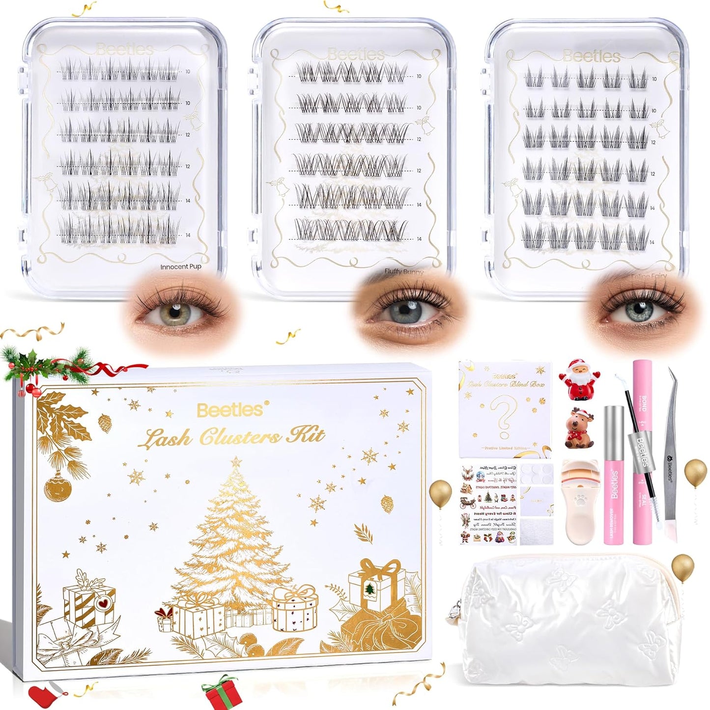 Beetles Christmas Lash Clusters Kit - DIY Eyelash Cluster Set with Bond, Seal & Remover | 3 Styles + 1 Holiday Style
