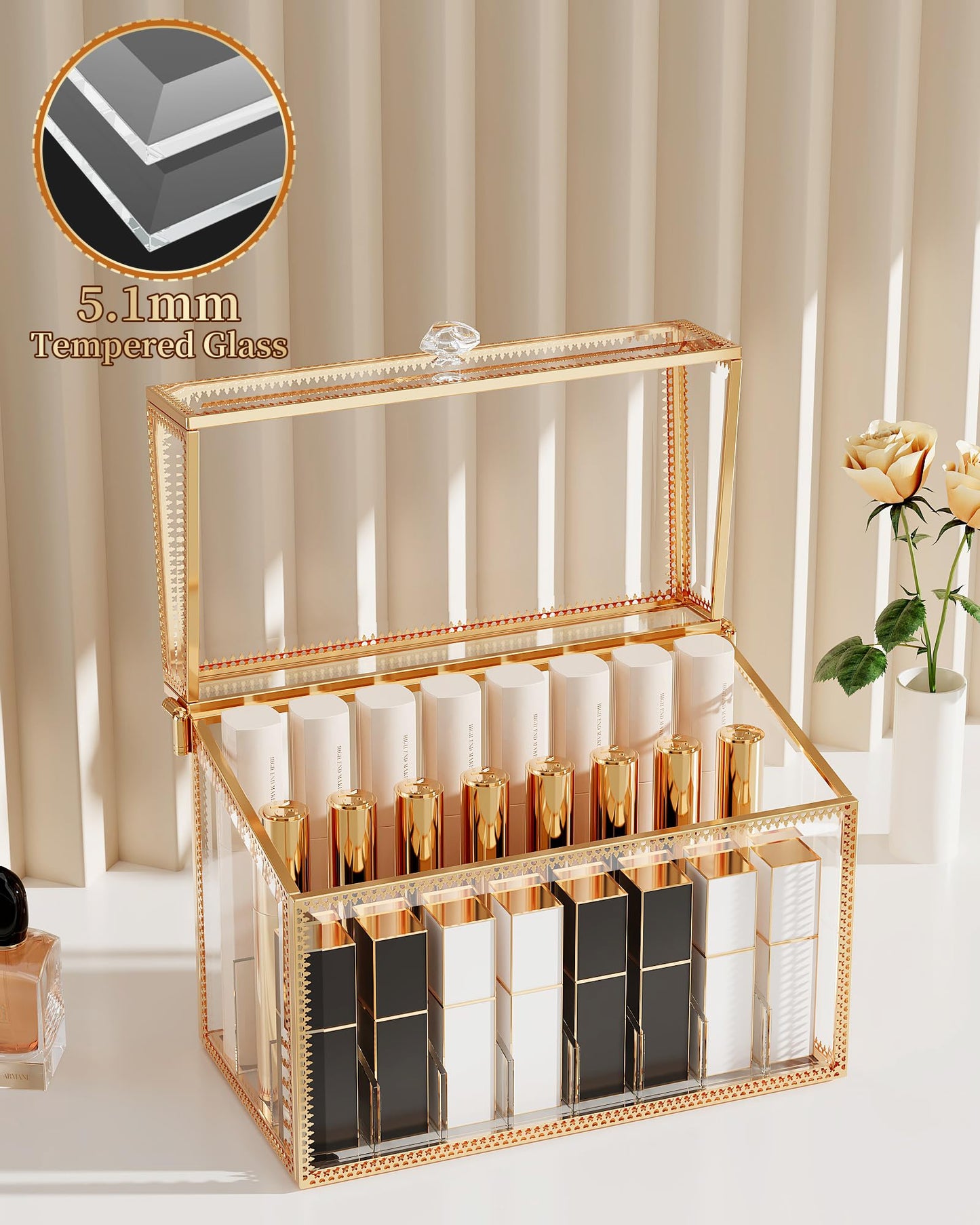 Youdepot Lipstick Organizer Holder - 24 Spaces, Tempered Glass Lip Gloss and Perfume Organizer,Vanity Lipstick Holder and Organizer.
