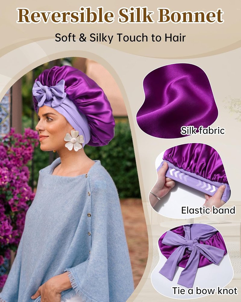 Mulberry Silk Bonnet for Women - Comfortable Sleep Cap with Elastic Tie & Scrunchies | Wisteria & Violet
