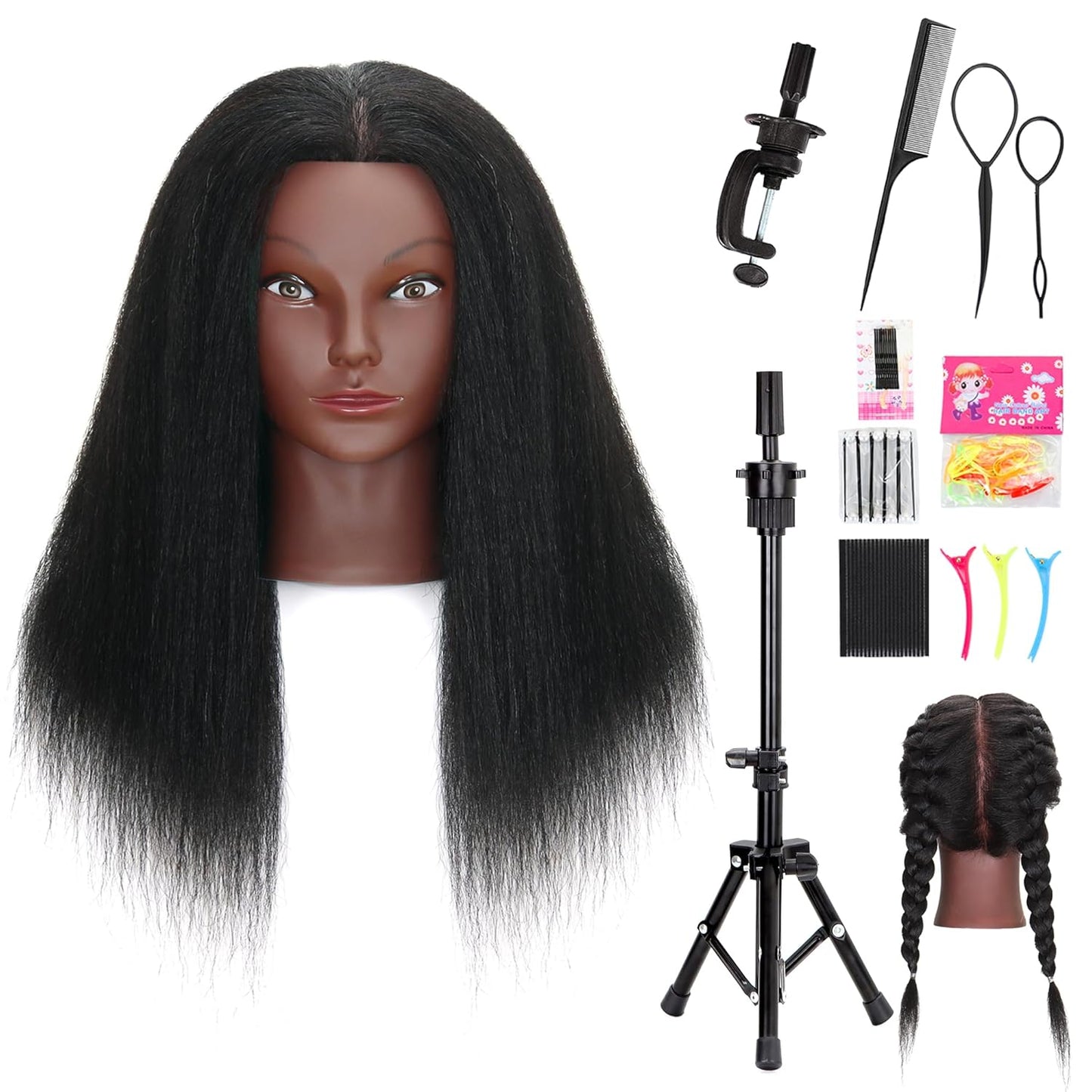 Mannequin Head - 16'' Human Hair Cosmetology Manikin Doll for Braiding & Styling | Tripod Included