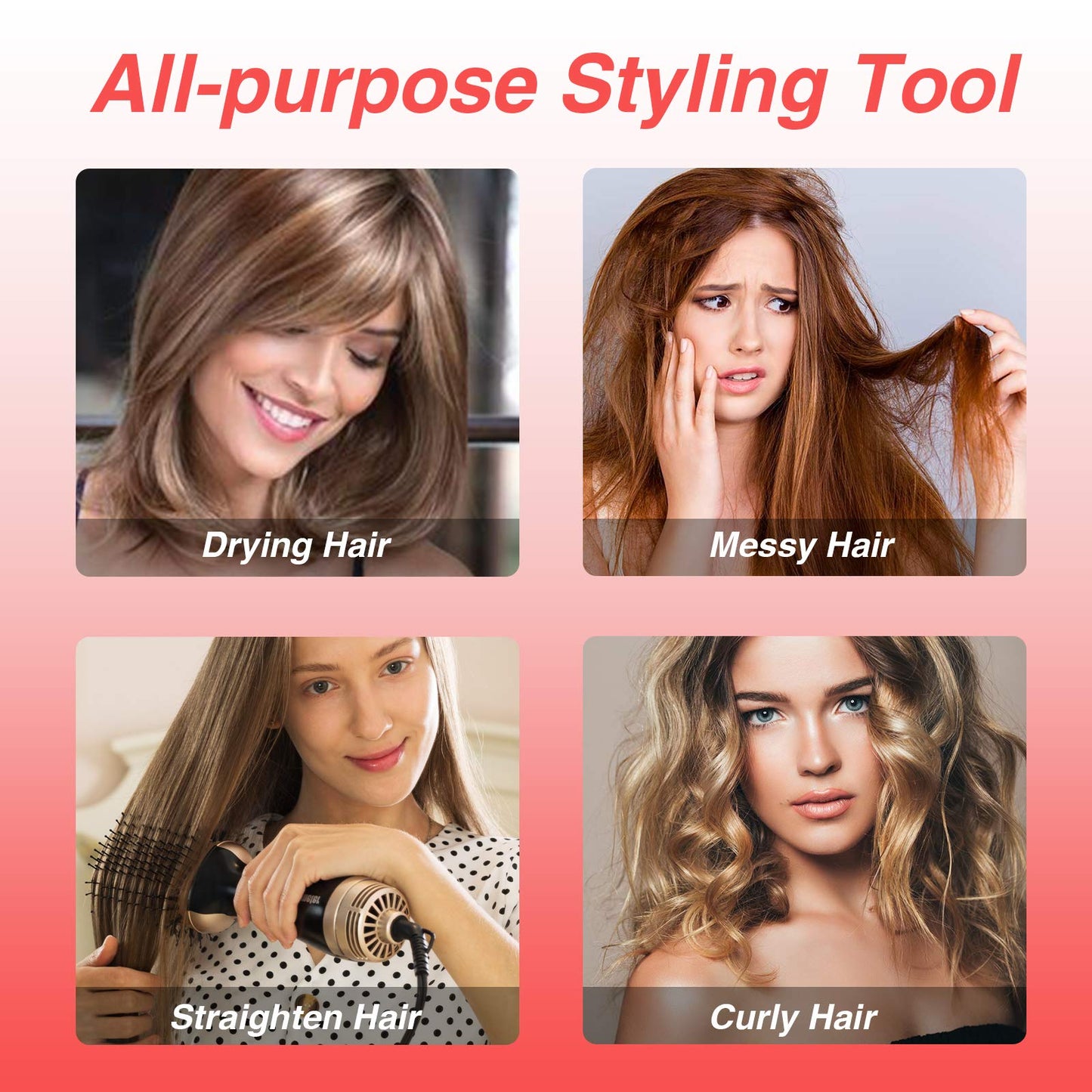 Beautimeter Blow Dryer Brush, Hot Air Brush One Step Hair Dryer and Styler Volumizer, 4 in 1 Negative Ionic Hair Styler with Oval Barrel for Smooth, Frizz-Free Hair Types, Red & Black