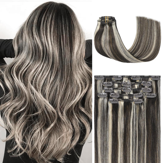 Honsoo Seamless Clip In Real Human Hair Extensions Dark Brown to Blonde 70g 7pcs 12inch Balayage Soft Human Hair For Women No Shedding