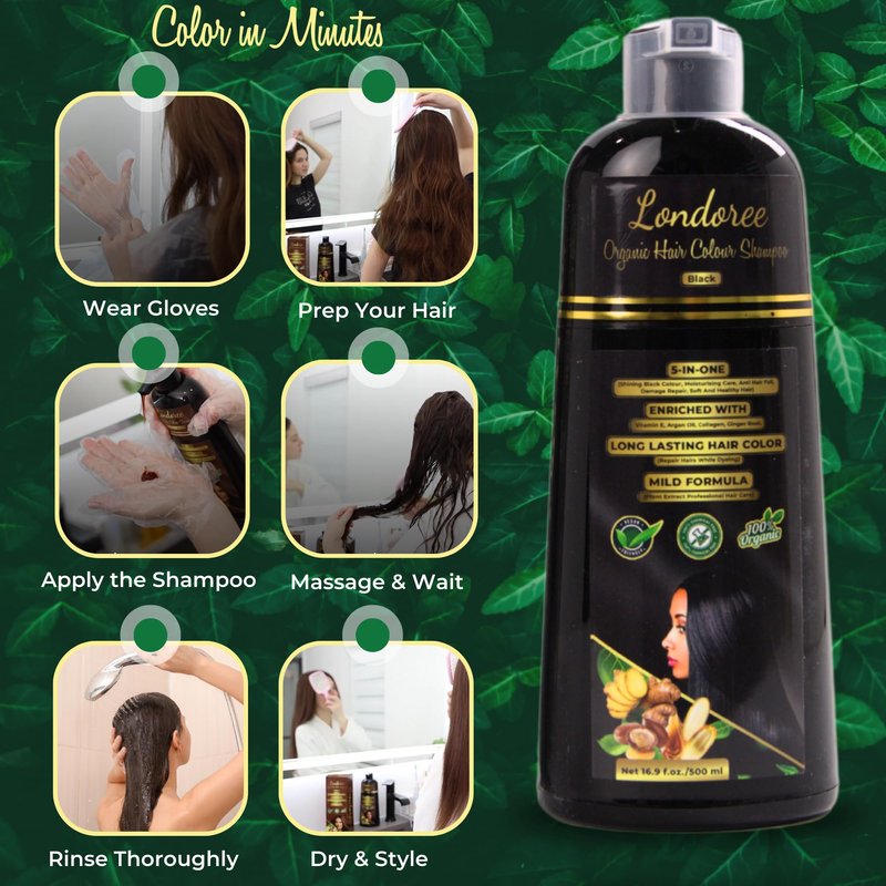 Londoree 5-in-1 Hair Dye Shampoo 500ml Black | Ammonia-Free Grey Coverage with Vitamin E, Argan Oil & Collagen – Colors, Moisturizes, Repairs & Reduces Hair Fall in Just 15 Minutes