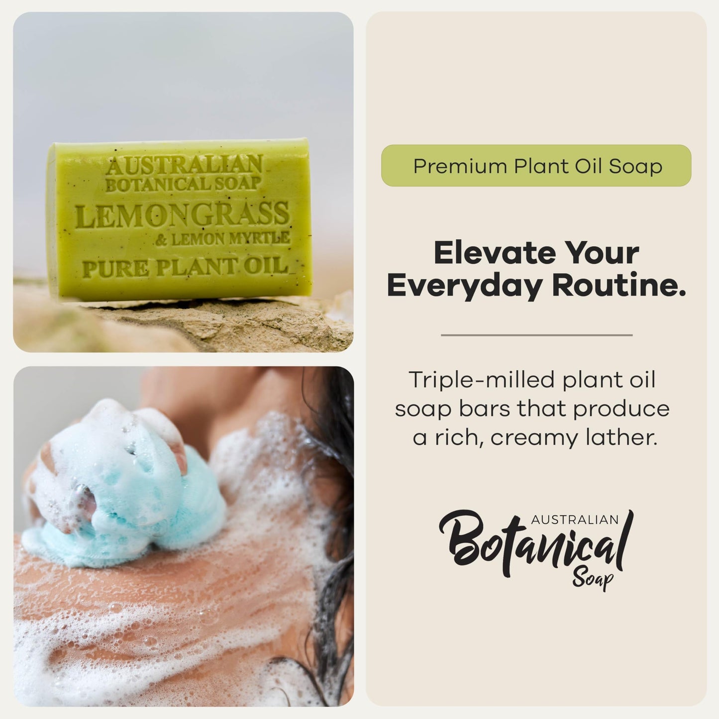 Australian Botanical Soap, 6.6 OZ, Lemongrass and Lemon Myrtle, Triple Milled Bars made with a Natural Soap Base and Enriched with Organic Shea Butter, Pack of 8