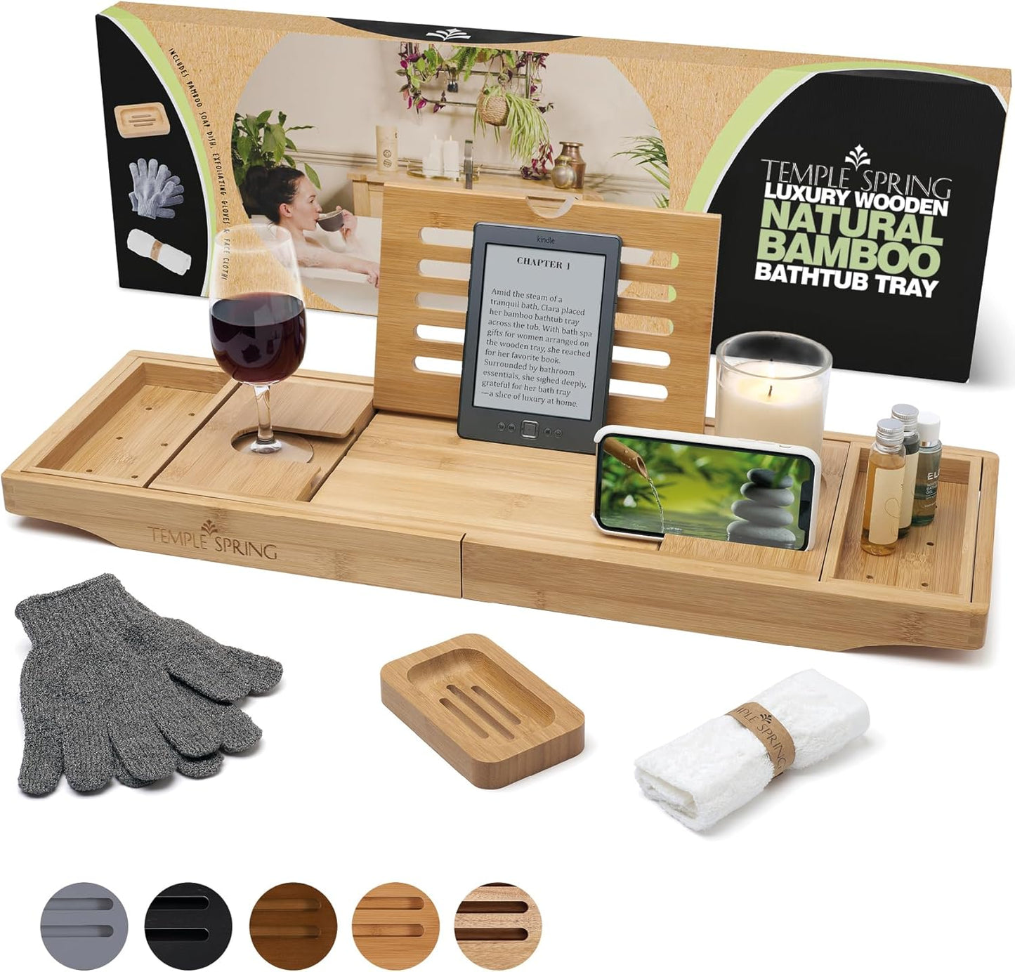 Bamboo Bathtub Tray Caddy - Expandable Wood Bath Tray with Book Stand & Wine Holder | Luxury Spa Gift Set